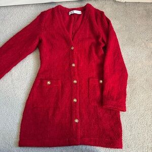 Zara Red Tweed Sweater Dress Gold Button Up Textured Small